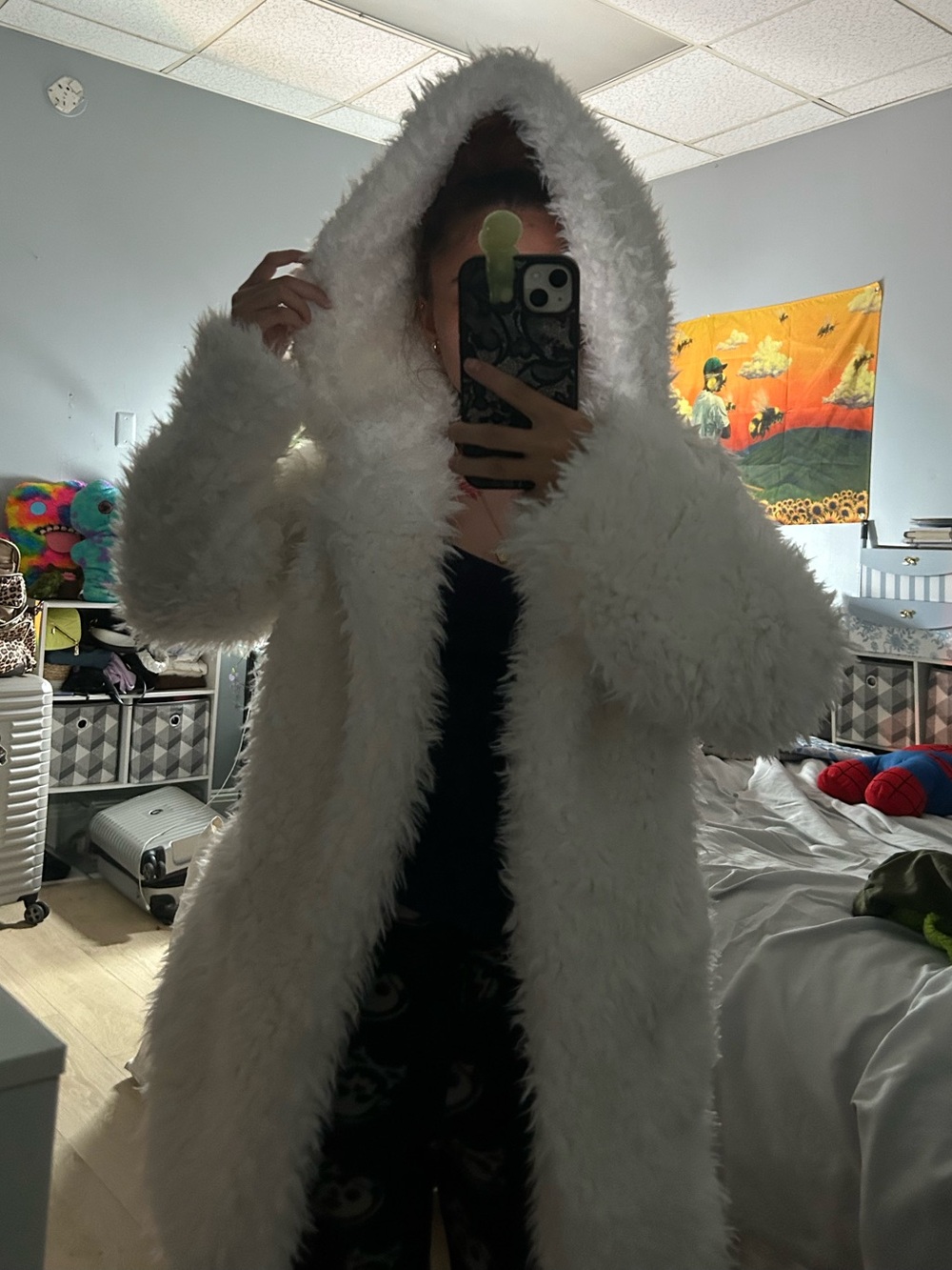 Forever 21 Plush White Faux Fur Hooded Coat